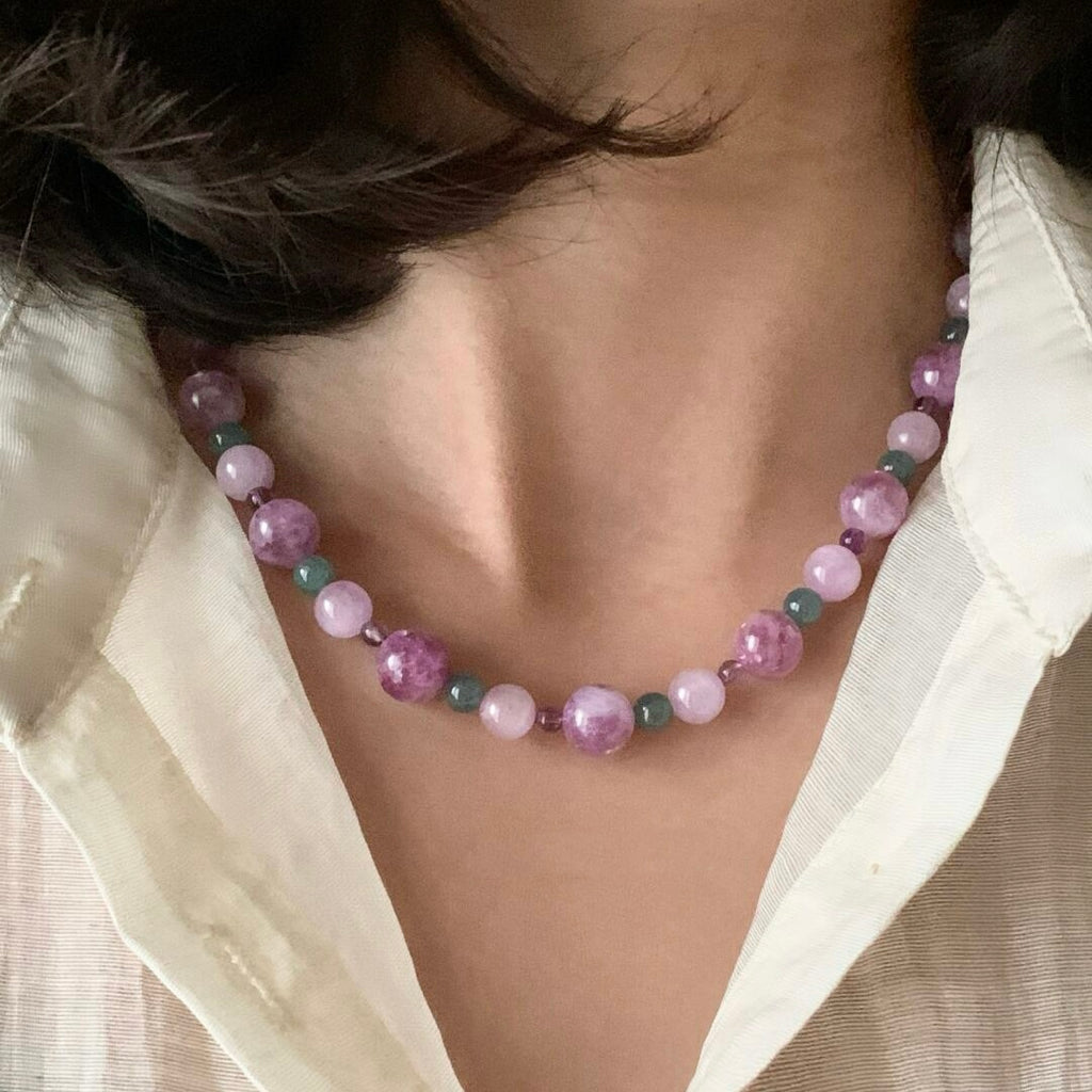 Natural Pink Lepidolite, Kunzite, Amethyst, Agate Crystal Necklace for Women Men | Beaded Gemstone Jewelry