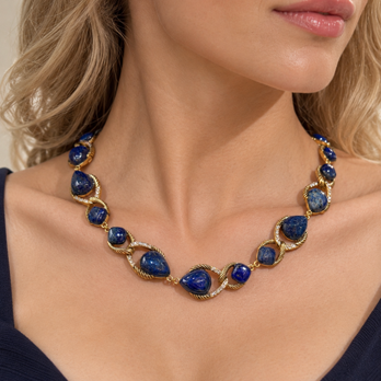 Vintage Style Lapis Lazuli Necklace for Women – Gold-Tone Statement Gemstone Jewelry