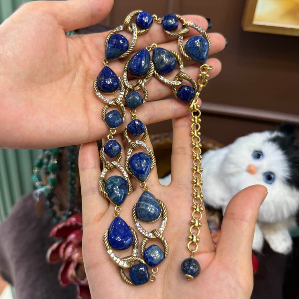 Vintage Style Lapis Lazuli Necklace for Women – Gold-Tone Statement Gemstone Jewelry