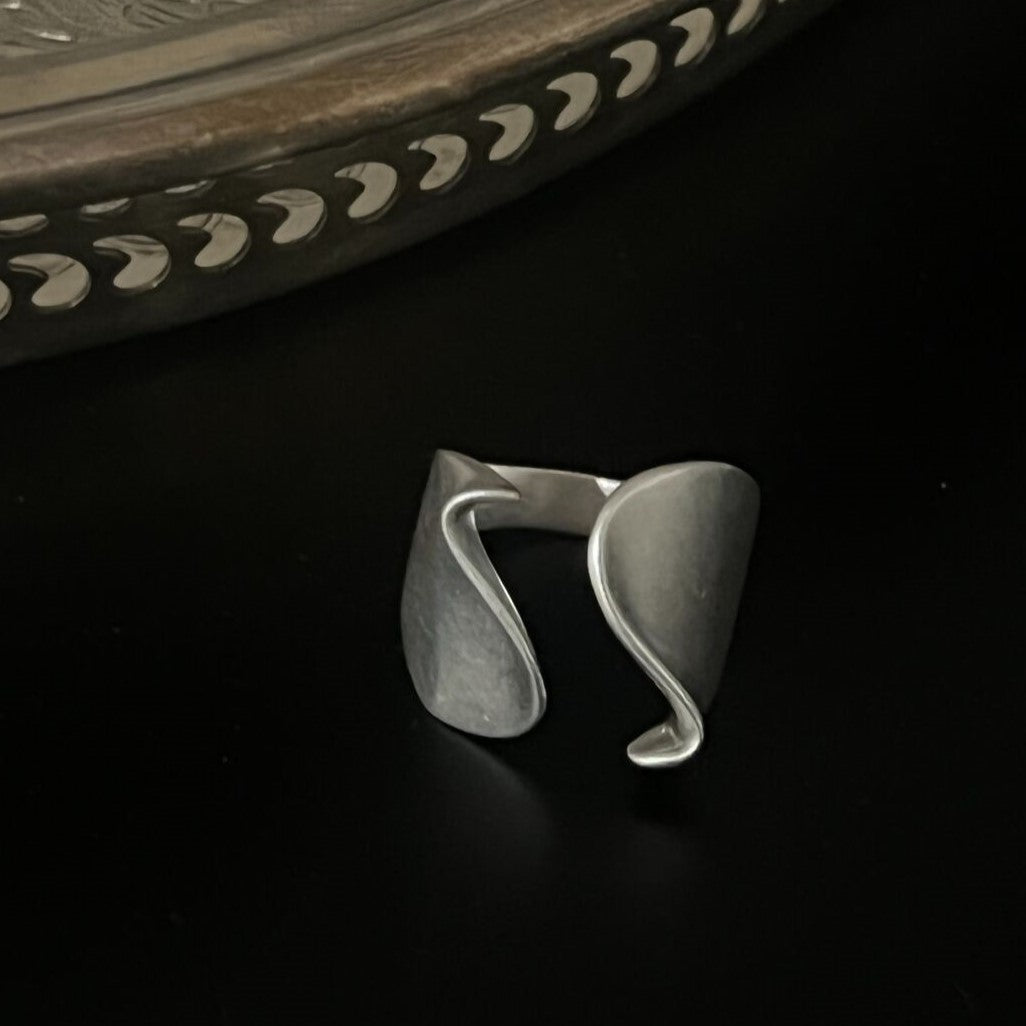 Matte 925 Sterling Silver Twisted Adjustable Open Cuff Statement Ring