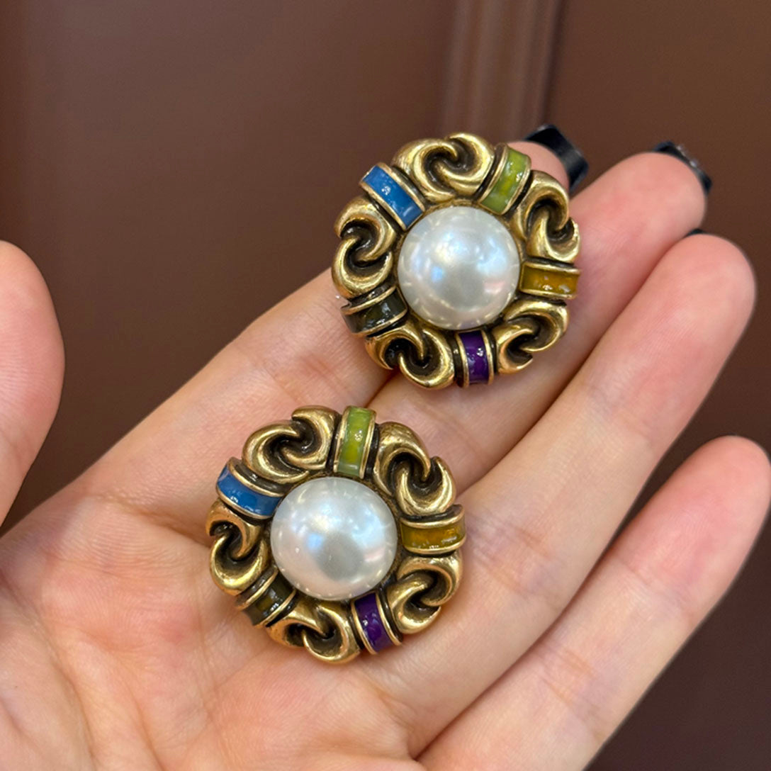 Vintage Style Statement Earrings for Women – Retro Gold Baroque Floral Earrings with Colorful Enamel