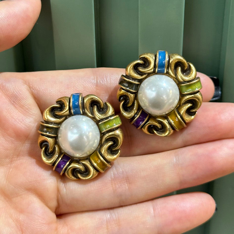 Vintage Style Statement Earrings for Women – Retro Gold Baroque Floral Earrings with Colorful Enamel