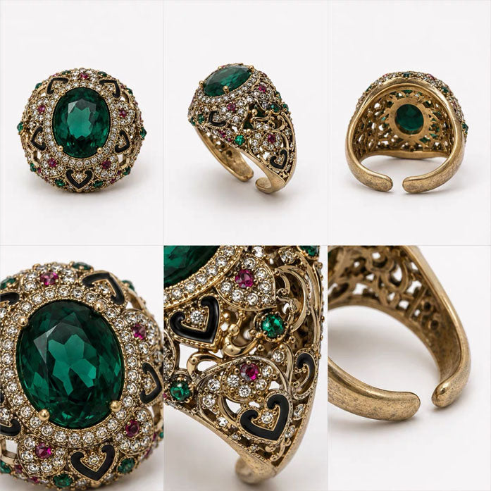 Vintage Filigree Silver Adjustable Open Ring Antique Gold Multi Color Stone Band